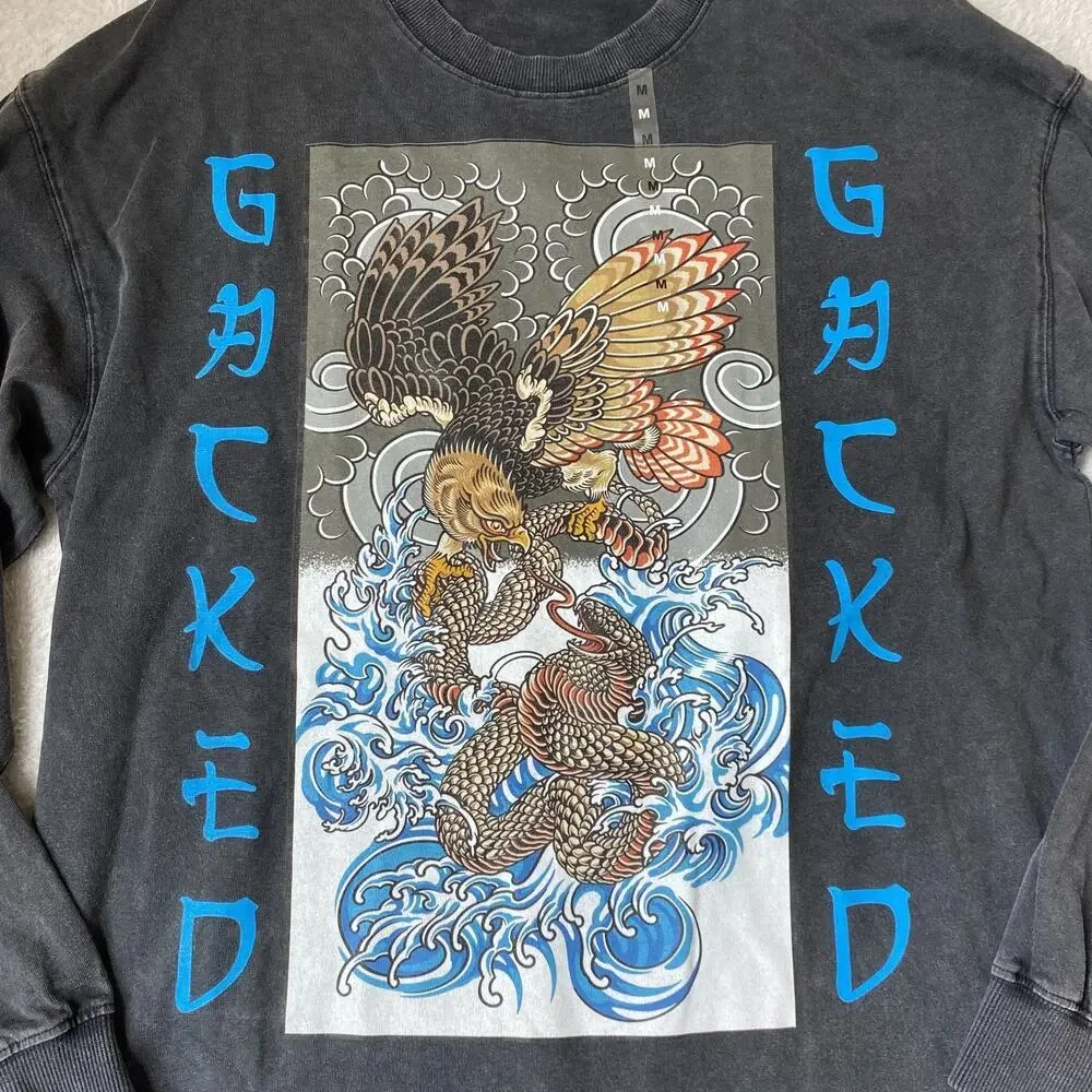 Men's Acid Wash Graphic Long Sleeve T-Shirt Medium Black Japanese Grunge NEW - Picture 3 of 8